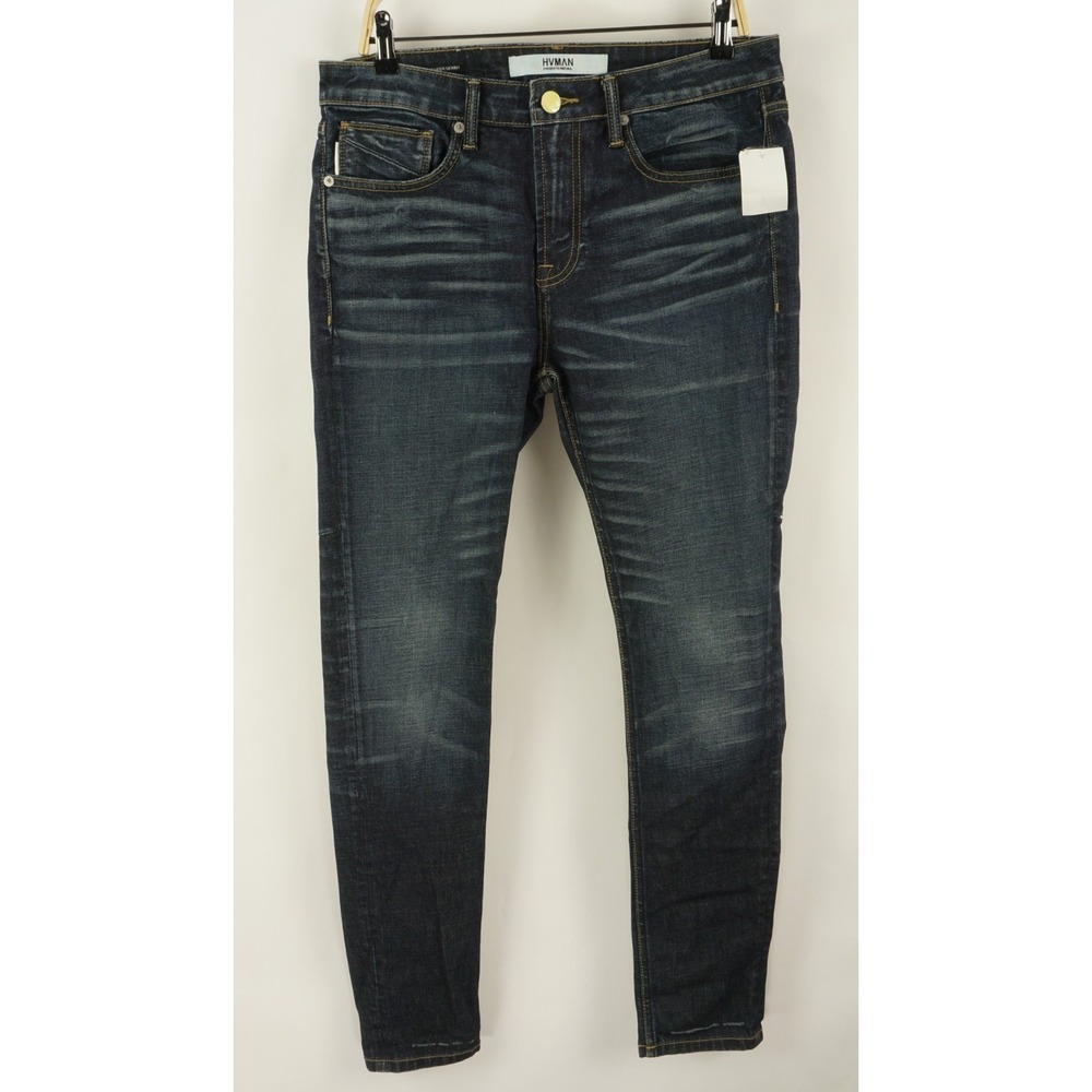 New $230 HUMAN Punk Low Rise Super Skinny Jeans Men's 34 x 32 Dark Blue Stretch